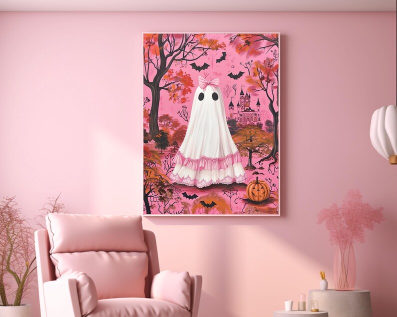 pink halloween decor,pink coquette prints,coquette halloween,pinkoween decor,halloween dorm decor,cute ghost painting,pink spooky decor,pink ghost wall art,coquette ghost art,coquette ghost bow print,pink preppy halloween art,preppy ghost print