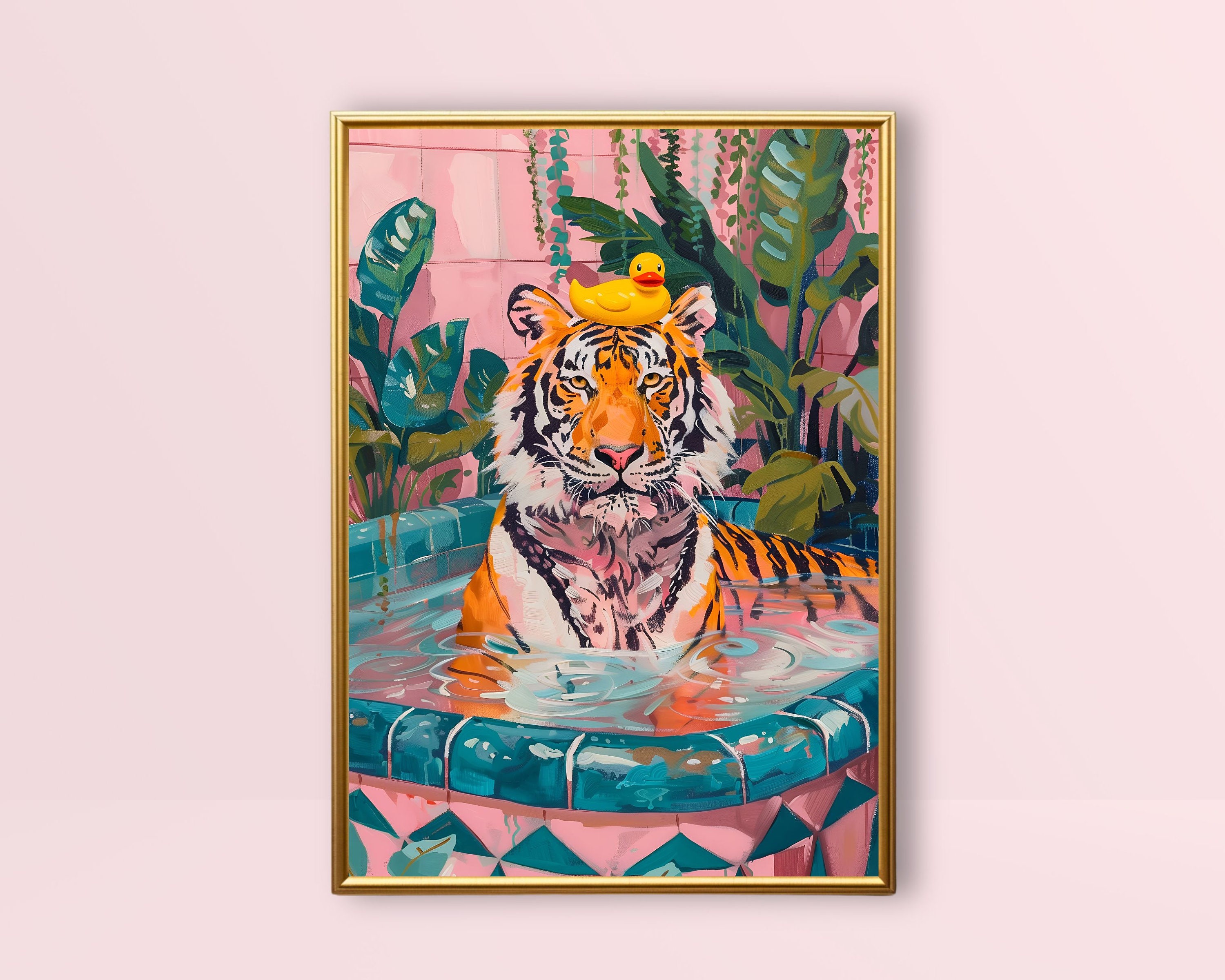Tiger in Bathtub | Eclectic Animal Art, Rubber Duck Maximalist Wall Art, Orange Pink Bathroom Print Dopamine Decor Preppy Colourful Painting