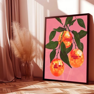 orange disco ball,funky wall art,disco ball wall art,orange decor,pink orange wall art,retro poster prints,orange disco print,preppy disco decor,retro kitchen decor,mirror ball print,bar cart prints,disco fruit print,groovy wall art,trendy dorm decor