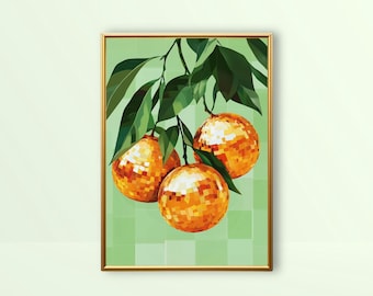Orange Disco Ball | Funky Wall Art, Green Kitchen Print Trendy Disco Decor Preppy Fruit Mirror Ball Dorm Poster Retro Groovy Bar Cart Prints
