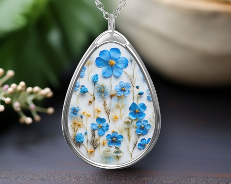 Me Not Necklace Pressed Flower Pendant, Blue Flower Necklace Dried Flower Jewelry, Floral
