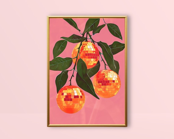Disco Ball Oranges | Funky Wall Art, Dopamine Decor, Orange Pink Preppy Print Retro Kitchen Mirror Ball Poster Trendy Groovy Bar Cart Prints