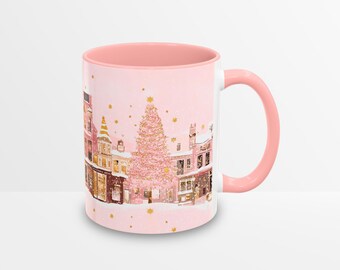 Rosa Weihnachtsstadt Tasse | Weihnachtsdorf Tasse, Weihnachtsbaum Tasse, Weihnachten Urlaub Kaffee Tee heiße Kakaotasse Geschenk, festliche Trinkgefäße niedliche Tassen