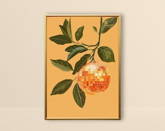 Orange Disco Ball | Trendy Wall Art, Mirror Ball Poster, Bar Cart Print, Preppy Prints, Groovy Funky Home Decor, Retro Kitchen Printable Art
