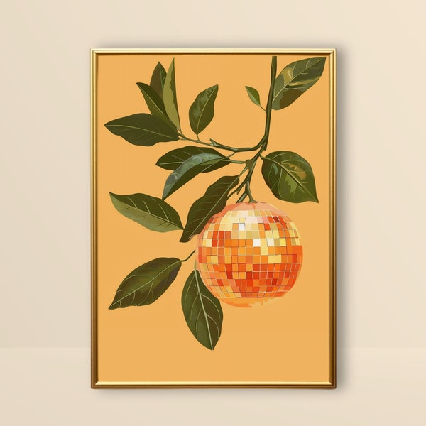 Orange Disco Ball | Trendy Wall Art, Mirror Ball Poster, Bar Cart Print, Preppy Prints, Groovy Funky Home Decor, Retro Kitchen Printable Art