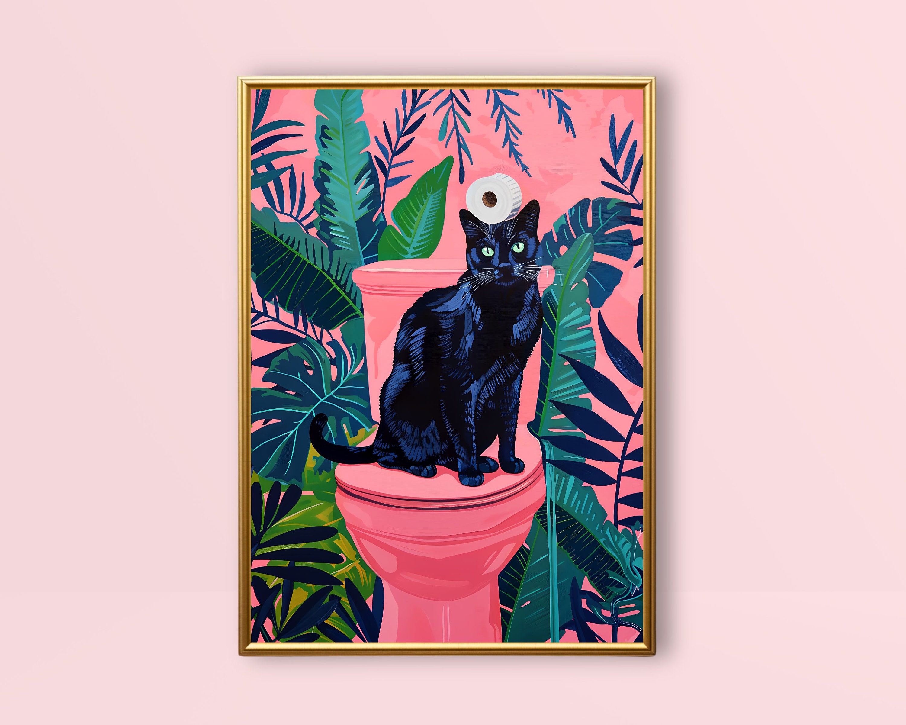 Black Cat on Toilet | Funny Bathroom Art, Pink Maximalist Wall Art ...