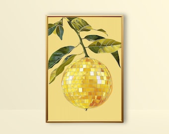 Lemon Disco Ball | Mirror Ball Print, Trendy Kitchen Decor, Funky Wall Art, Bar Cart Print, Preppy Prints, Groovy Retro Fruit Printable Art
