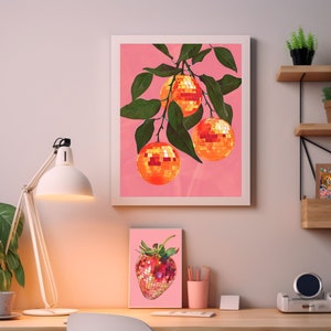 orange disco ball,funky wall art,disco ball wall art,orange decor,pink orange wall art,retro poster prints,orange disco print,preppy disco decor,retro kitchen decor,mirror ball print,bar cart prints,disco fruit print,groovy wall art,trendy dorm decor