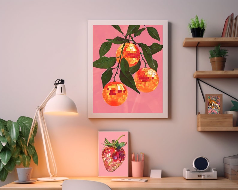 orange disco ball,funky wall art,disco ball wall art,orange decor,pink orange wall art,retro poster prints,orange disco print,preppy disco decor,retro kitchen decor,mirror ball print,bar cart prints,disco fruit print,groovy wall art,trendy dorm decor