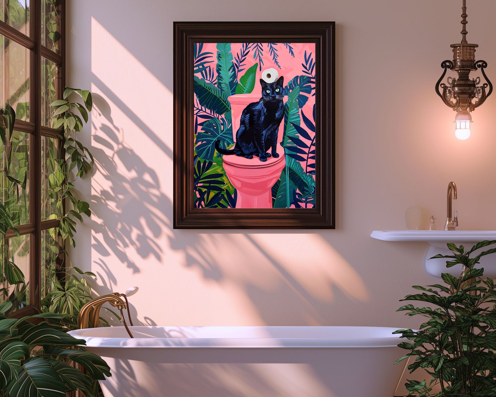 Black Cat on Toilet | Funny Bathroom Art, Pink Maximalist Wall Art ...