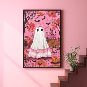 pink halloween decor,pink coquette prints,coquette halloween,pinkoween decor,halloween dorm decor,cute ghost painting,pink spooky decor,pink ghost wall art,coquette ghost art,coquette ghost bow print,pink preppy halloween art,preppy ghost print