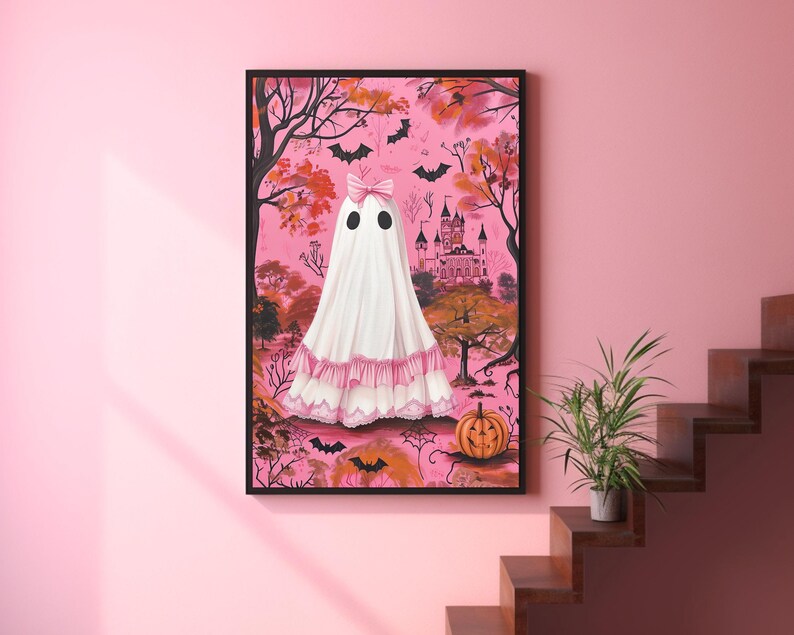pink halloween decor,pink coquette prints,coquette halloween,pinkoween decor,halloween dorm decor,cute ghost painting,pink spooky decor,pink ghost wall art,coquette ghost art,coquette ghost bow print,pink preppy halloween art,preppy ghost print