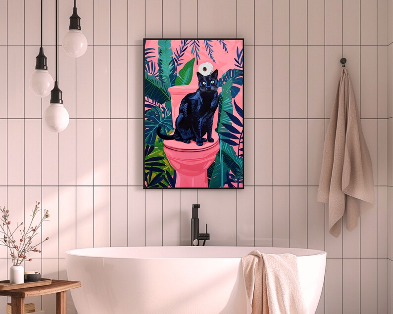 Black Cat on Toilet | Funny Bathroom Art, Pink Maximalist Wall Art ...