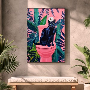 Black Cat on Toilet | Funny Bathroom Art, Pink Maximalist Wall Art ...