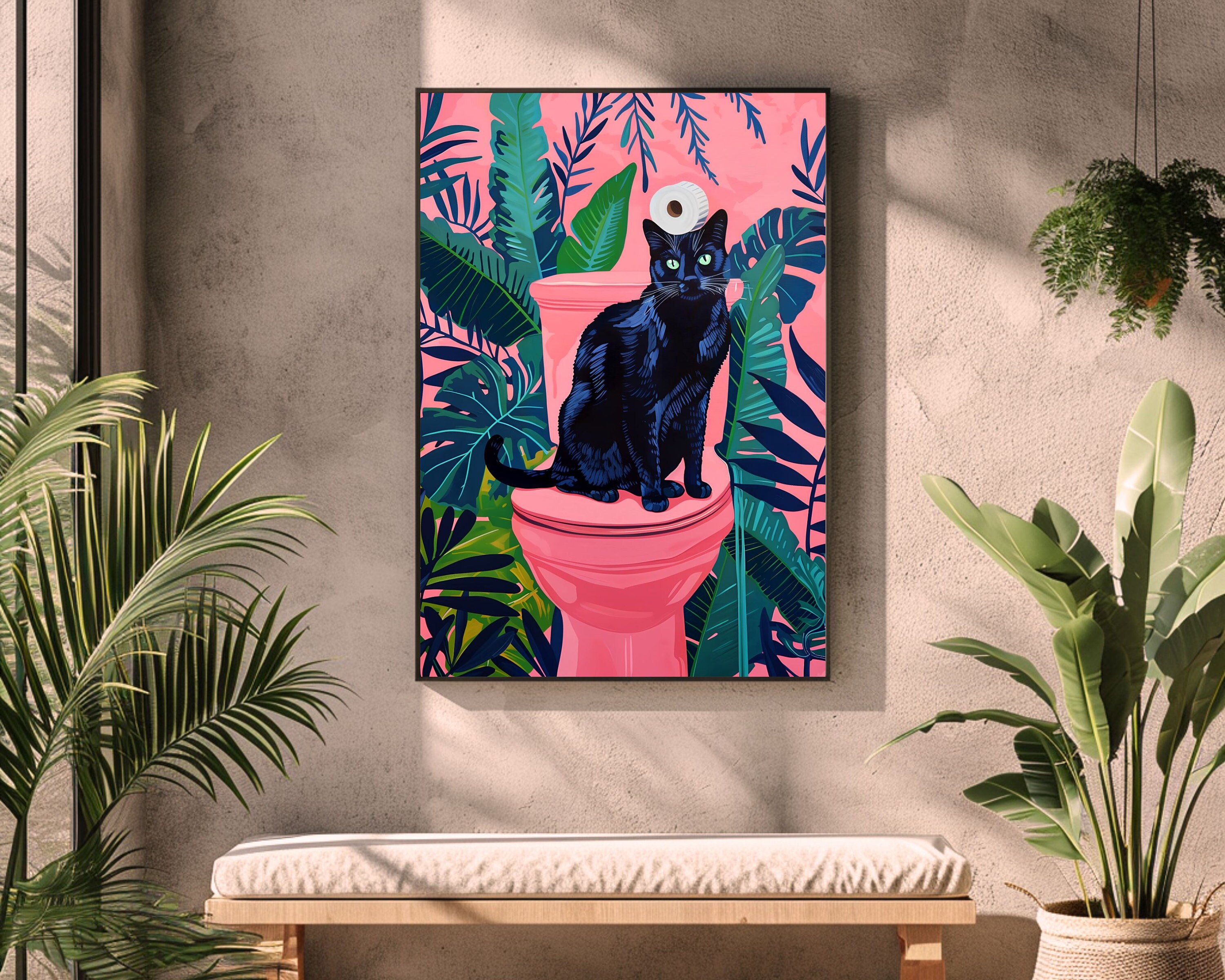 Black Cat on Toilet | Funny Bathroom Art, Pink Maximalist Wall Art ...