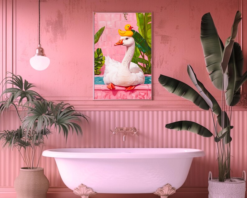 Goose in Bath | Rubber Duck Print, Pink Bathroom Wall Art, Maximalist ...