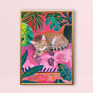 May include: A painting of a tabby cat sleeping on a pink and green patterned cushion surrounded by lush tropical foliage.