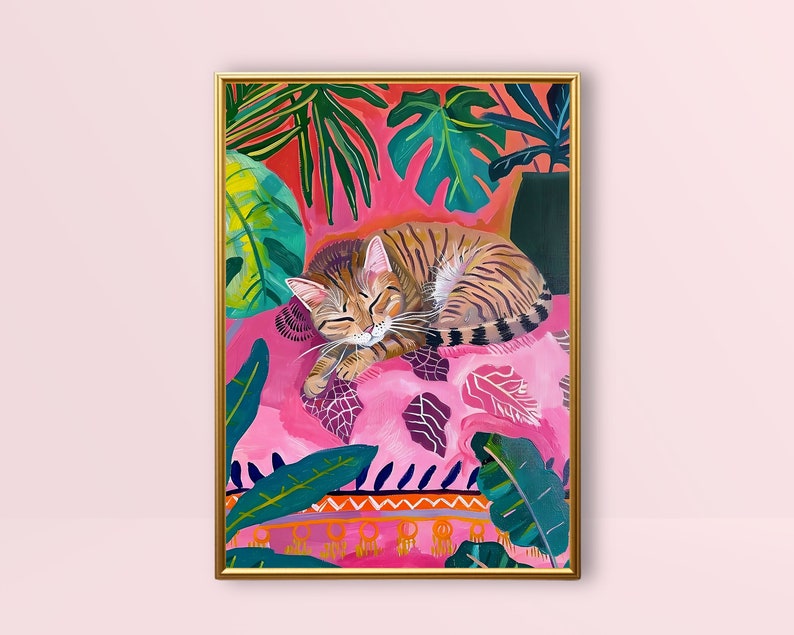 eclectic animal prints,cat art print,maximalist wall art,eclectic home decor,pink preppy room decor,pink bedroom decor,dopamine decor,cat wall art,cute sleeping cat print,pink cat poster,fun bedroom wall art,colorful wall art, tropical wall art