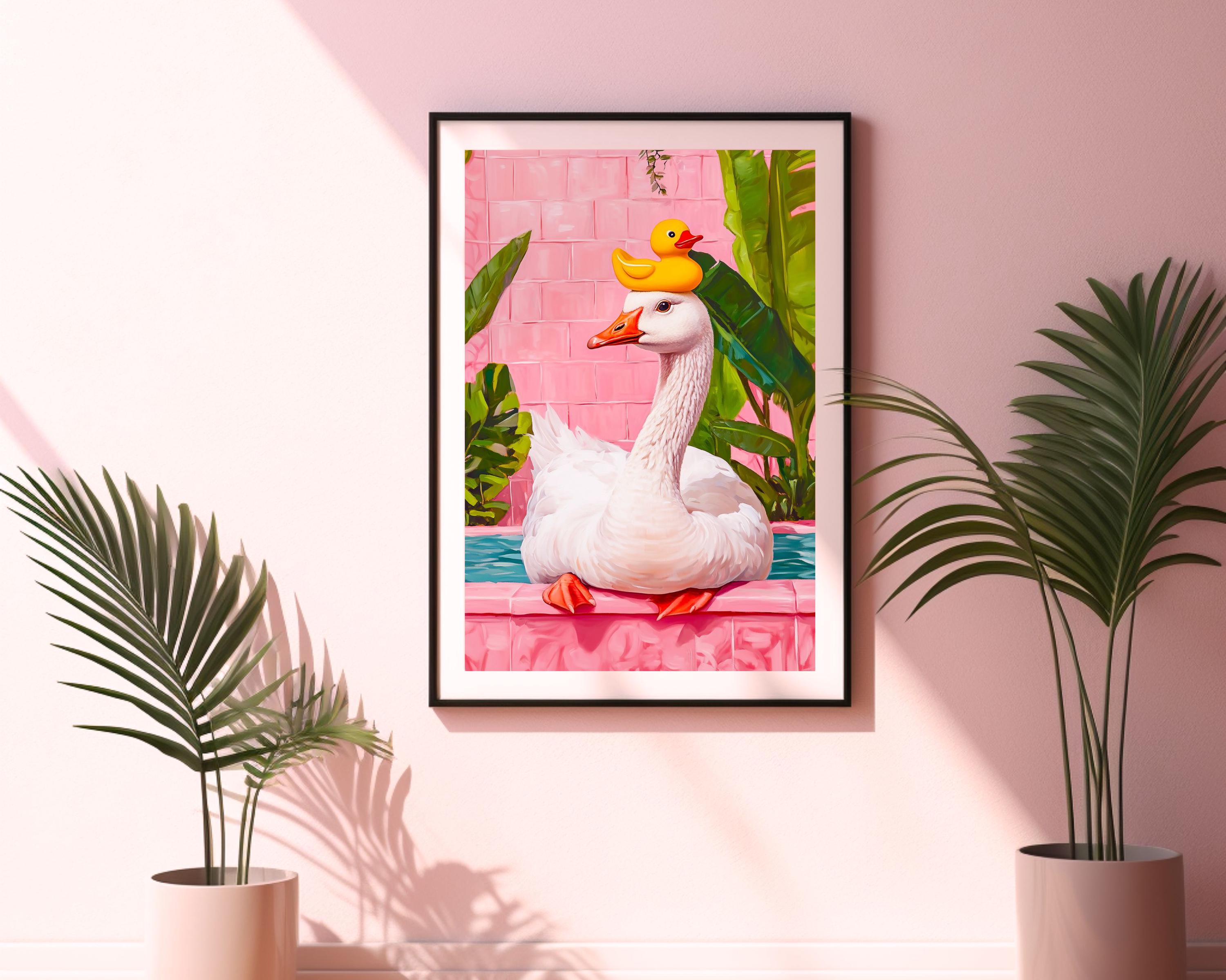 Goose in Bath | Rubber Duck Print, Pink Bathroom Wall Art, Maximalist ...