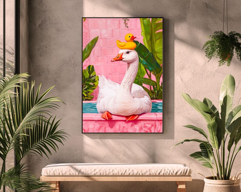 Goose in Bath | Rubber Duck Print, Pink Bathroom Wall Art, Maximalist ...