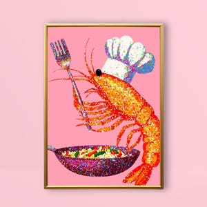 Shrimp Fried Rice | Glitter Prawn Chef Wall Art Funny Cooking Food Print Fun Cute Quirky Kitchen Art Glam Pink Orange Disco Seafood Posters