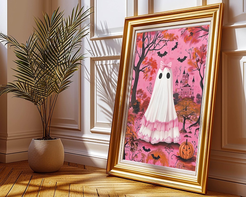 pink halloween decor,pink coquette prints,coquette halloween,pinkoween decor,halloween dorm decor,cute ghost painting,pink spooky decor,pink ghost wall art,coquette ghost art,coquette ghost bow print,pink preppy halloween art,preppy ghost print