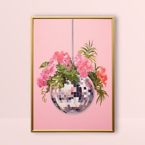 Impresión de bola de discoteca/maceta con bola de espejos, arte de pared rosa preppy, póster de jarrón con flores de moda, decoración de habitación femenina y divertida, arte imprimible de estética retro.