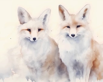 Printable White Foxes Art, Watercolor Wall Decor, Warm Color Palette, Home Accent, Distinctive Wildlife, Nature Infused, Animal Accents