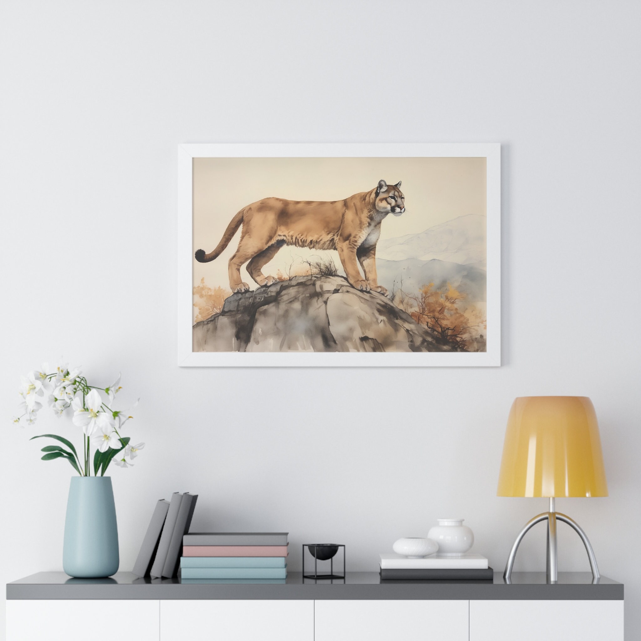 Printable Mountain Lion Art, Watercolor Wall Decor, Earth Tone Colors, Modern Home Accent ...