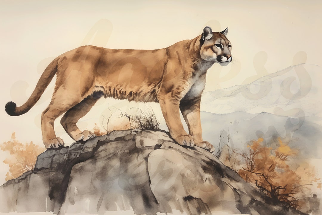 Printable Mountain Lion Art, Watercolor Wall Decor, Earth Tone Colors, Modern Home Accent ...