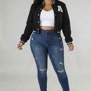 Plus Ez-wear Letter Patched Crop Varsity Jacket
