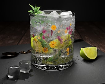Copo de bar com estampa de flores silvestres prensadas, utensílio para coquetéis com inspiração botânica (300 ml)