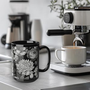 15oz Black Floral Ceramic Mug - Elegant Black, White, Grey Flower Design - Gothic Coffee Mug - Large Tea Cup - Unique Gift for Her