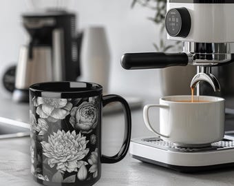 Taza de cerámica floral negra - Diseño de flores góticas, taza de té grande de 15 oz