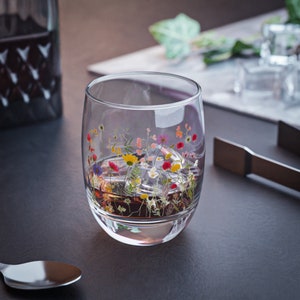 Pressed Flower Whiskey Glass 6 oz, Mocktail Glass, Relaxing gift, Floral Glassware, Flower print glass, Garden Party Table Setting