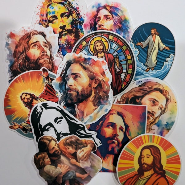 Custom Stickers of Jesus Christ, assorted styles. Waterproof for water bottle, laptop, notebooks, car bumper, instrument case, and more!