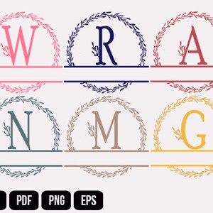 Puede incluir: Seis diseños de monogramas diferentes con una corona de hojas y una línea dividida. Las letras son W, R, A, N, M y G. Las coronas son de color rosa, azul, rojo, gris, marrón y amarillo.
