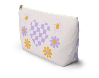 Pencil Bag Accessory Pouch Travel Bag Cosmetic Bag Back to School Checker Groovy Heart Flowers Purple