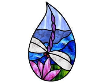 Dragonfly Tear Drop Digital Stained Glass Pattern-Human Designed-No AI