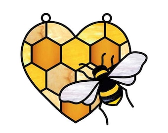 Bee My Valentine Honeycomb Heart with Bee Overlay Stained Glass Pattern-Human designed-no AI
