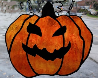 Halloween Pumpkin Stained Glass Suncatcher with painted or copper foil overlay face digital pattern