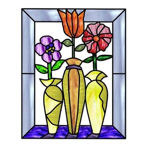 May include: A stained glass window design featuring three yellow vases with a red, orange, and purple flower arrangement.
