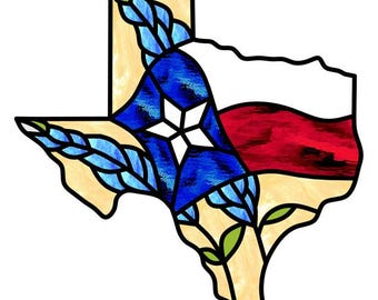 State of Texas, Bluebonnets, Texas Flag digital Stained Glass Pattern-Human Designed-No AI