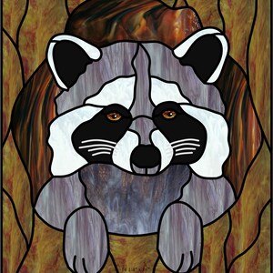 May include: A stained glass window design featuring a raccoon with a gray and white face, black eyes, and a black nose. The raccoon is surrounded by a brown and yellow stained glass background. The design measures 14 1/4" x 16".