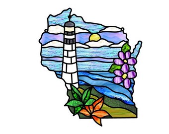State of Wisconsin with Lighthouse, Sugar Maple Leaves and Blue Violets
