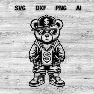 May include: A black and white illustration of a bear wearing a baseball cap with a dollar sign on it, sunglasses, a jacket, and a gold chain with a dollar sign pendant. The bear is standing on a wooden surface.