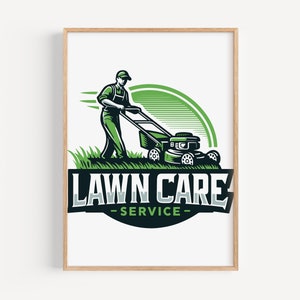 Puede incluir: Un logotipo de servicio de cuidado de c&eacute;sped verde y negro con una imagen de dibujos animados de una persona cortando el c&eacute;sped. El texto dice "LAWN CARE -SERVICE- "