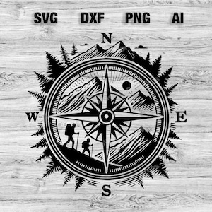 May include: Black and white compass design with mountains, trees, and two hikers. The compass points north, south, east, and west.