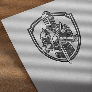 May include: Black and white illustration of a knight in armour holding a sword, inside a shield shape.