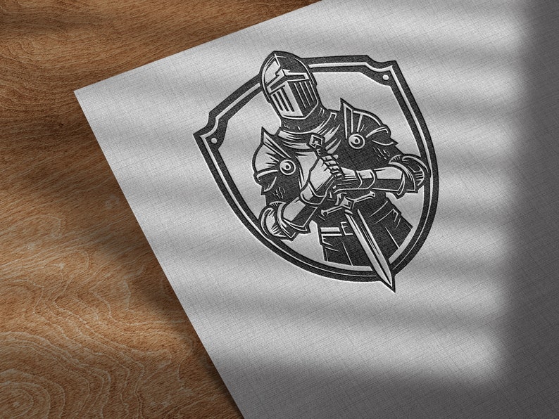 May include: Black and white illustration of a knight in armour holding a sword, inside a shield shape.